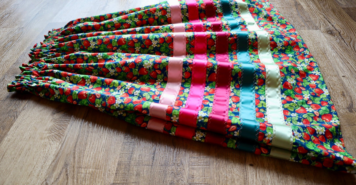 Handmade Ceremony, Casual Ribbon Skirt: Green to Pink Ombre, Strawberry Floral Print, Custom Waist *up to 50 inches* (enter desired sizes waist size “inches” or Dress/Pants size in order notes)