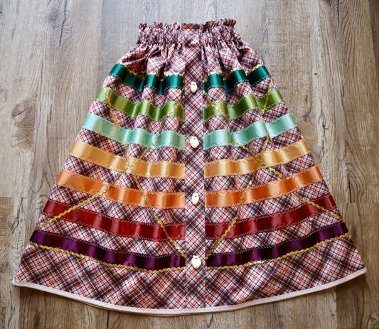 Couture Ribbon Skirt:  Brown and Red Plaid Cotton with Faux Elk Teeth “Buttons”*up to 50 inches* (enter desired waist size “inches” or Dress/Pants size in order notes)