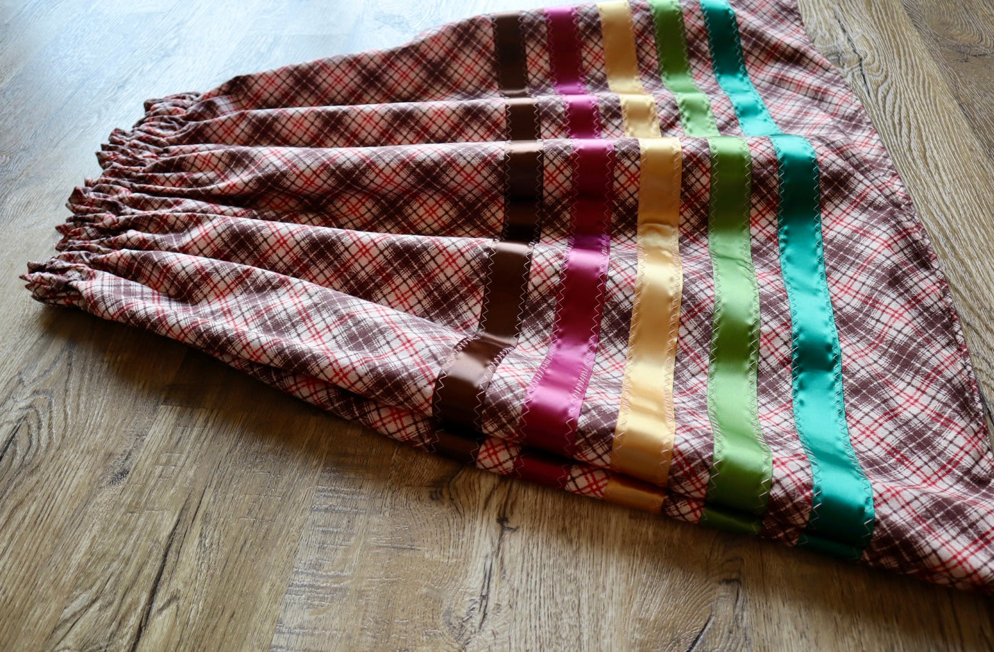 Handmade Ceremony, Casual Ribbon Skirt: Earth Tones, Brown and Red Plaid Print, Custom Waist *up to 50 inches* (enter desired sizes waist size “inches” or Dress/Pants size in order notes)