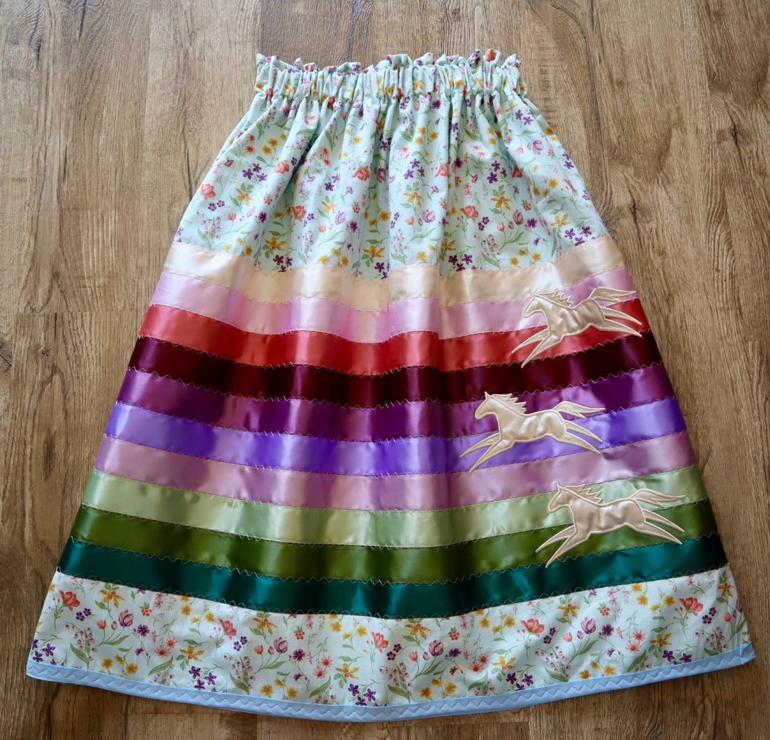 Couture Embroidered Stacked Pony Ribbon Skirt Pockets Womens Floral Cotton Jewel Tone Ombre OOAK Indigenous HandMade *up to 50 inches* (enter desired sizes waist size “inches” or Dress/Pants size in order notes)