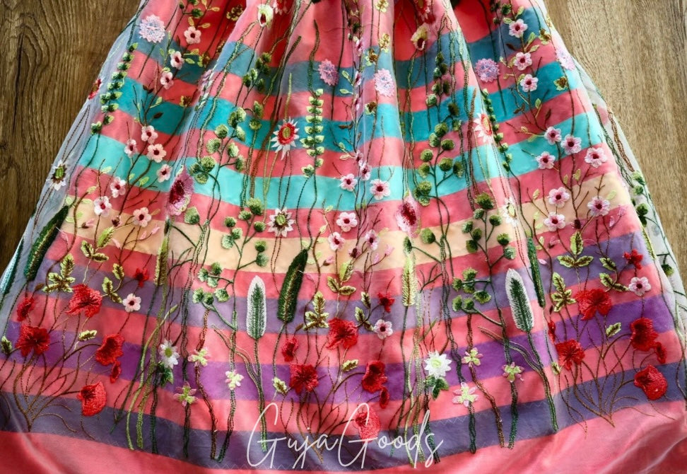 Couture Embroidered Floral Lace Ribbon Skirt, Handmade Coral Satin Overlay *up to 50 inches* (enter desired sizes waist size “inches” or Dress/Pants size in order notes)