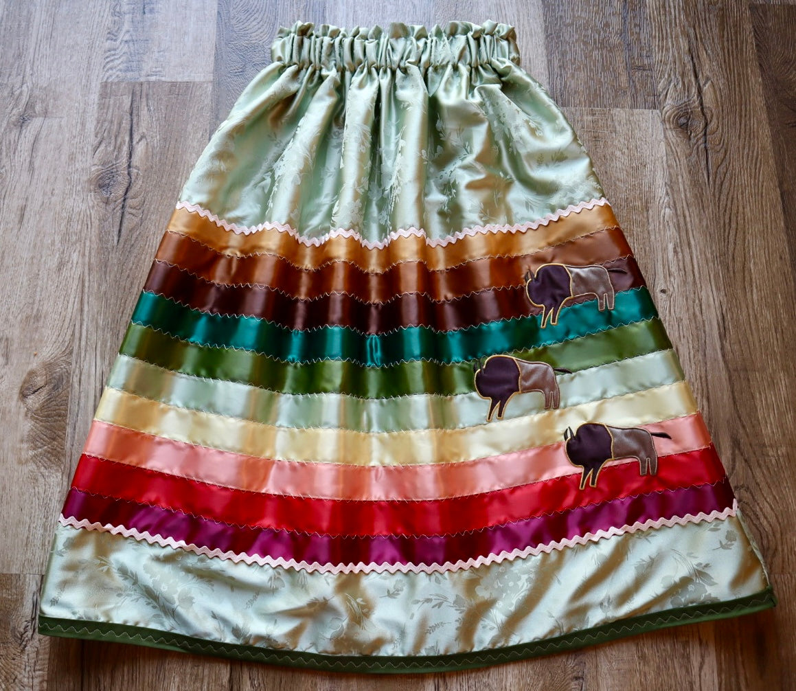 Couture Embroidered Stacked Bison Ribbon Skirt Pockets Womens Sage Green Satin Earth Tones Ombre OOAK Indigenous HandMade *up to 50 inches* (enter desired sizes waist size “inches” or Dress/Pants size in order notes)