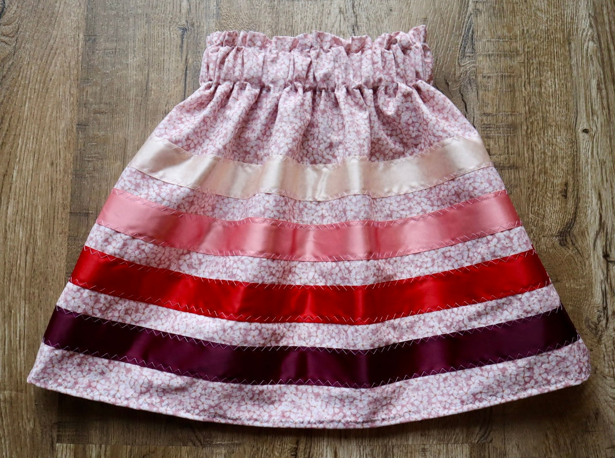 Handmad Ribbon Skirt: Child Size 2-3 Red Ombre Pink Floral