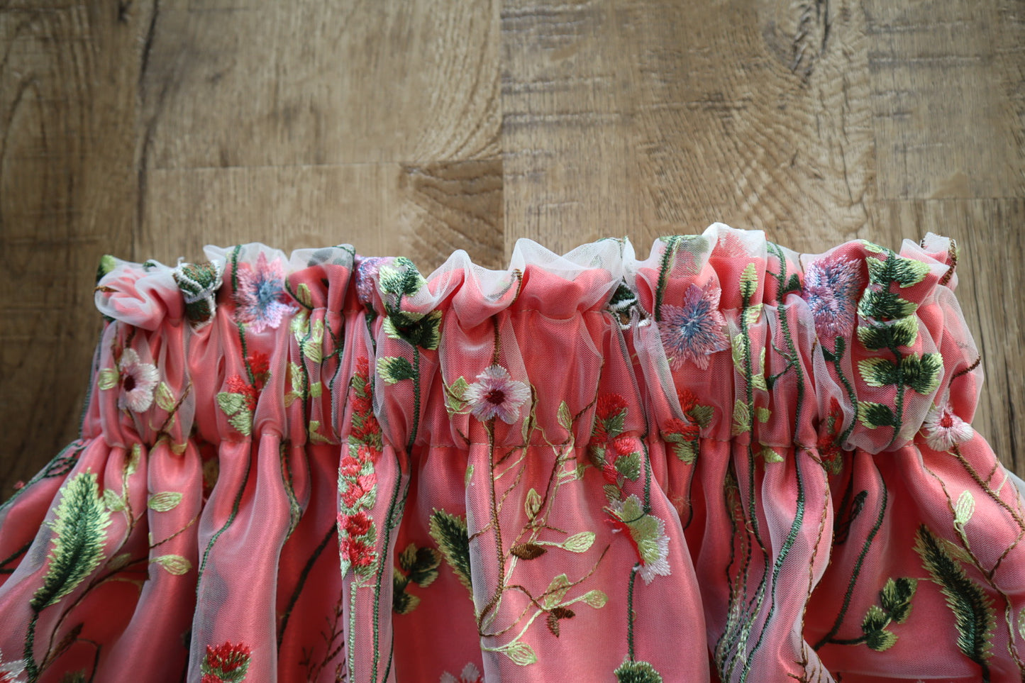 Couture Embroidered Floral Lace Ribbon Skirt, Handmade Coral Satin Overlay *up to 50 inches* (enter desired sizes waist size “inches” or Dress/Pants size in order notes)