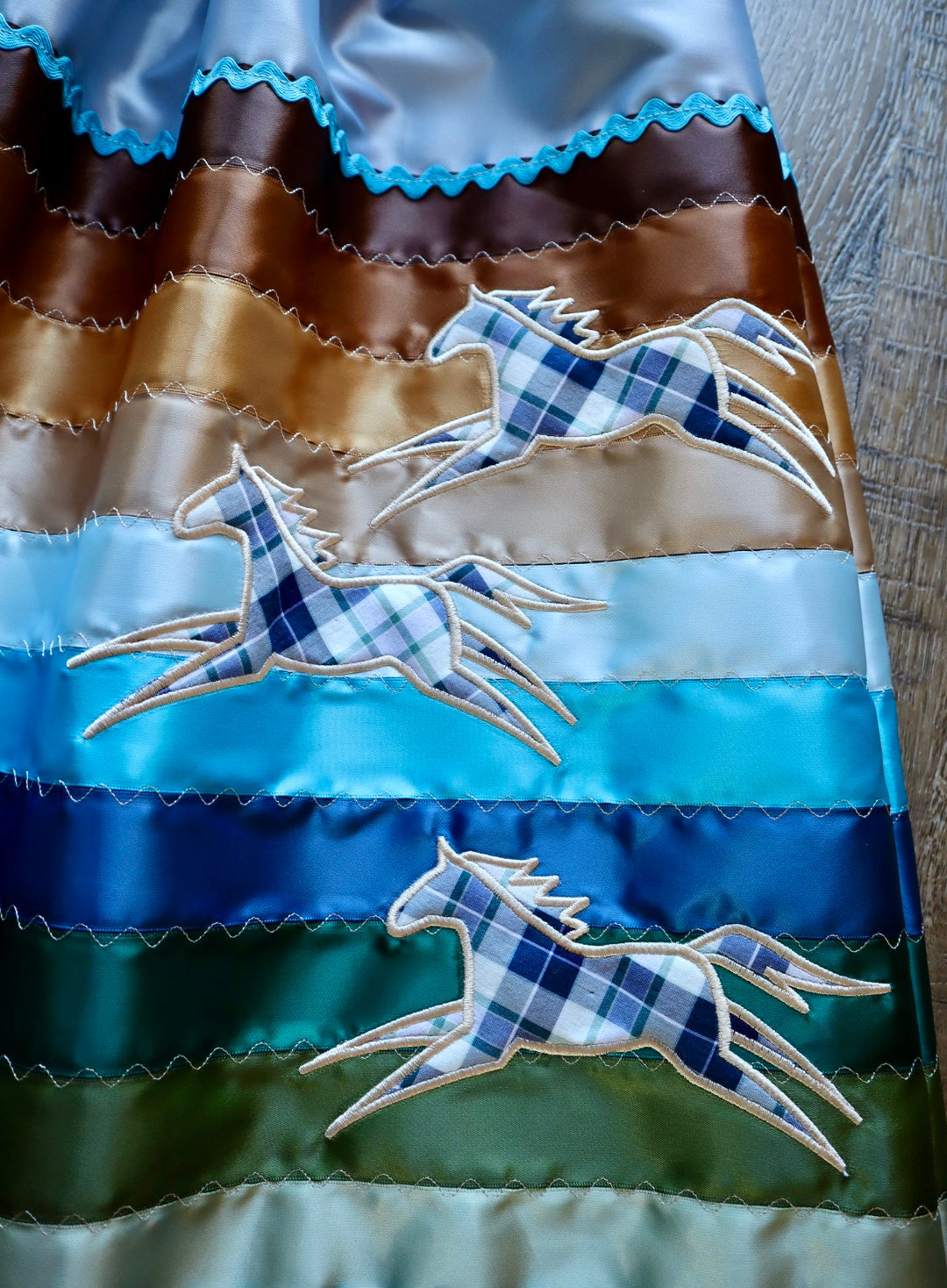 Couture Embroidered Stacked Pony Ribbon Skirt Pockets Womens Pale Blue Satin Earth Tones Ombre OOAK Indigenous HandMade *up to 50 inches* (enter desired sizes waist size “inches” or Dress/Pants size in order notes)