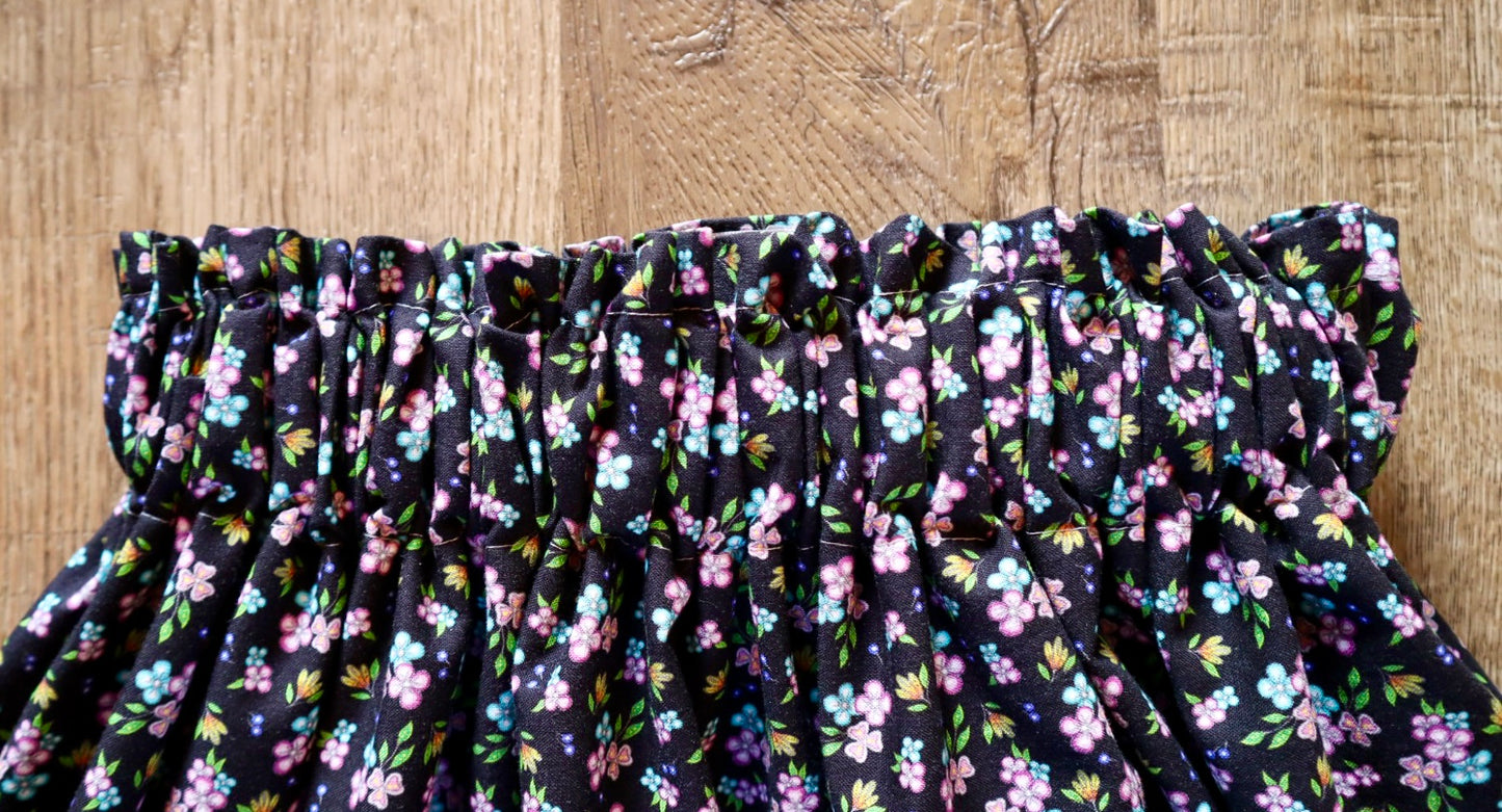 Handmade Ceremony, Casual Ribbon Skirt: Gem Tones, Black Floral Print, Custom Waist *up to 50 inches* (enter desired sizes waist size “inches” or Dress/Pants size in order notes)