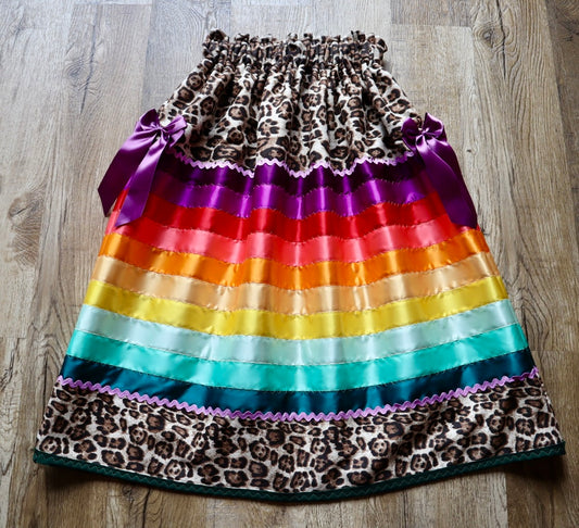 Couture Stacked Ribbon Skirt Pockets Detachable Bows Womens Jaguar Print Rainbow Ombre RicRac OOAK Indigenous HandMade *up to 50 inches* (enter desired sizes waist size “inches” or Dress/Pants size in order notes)