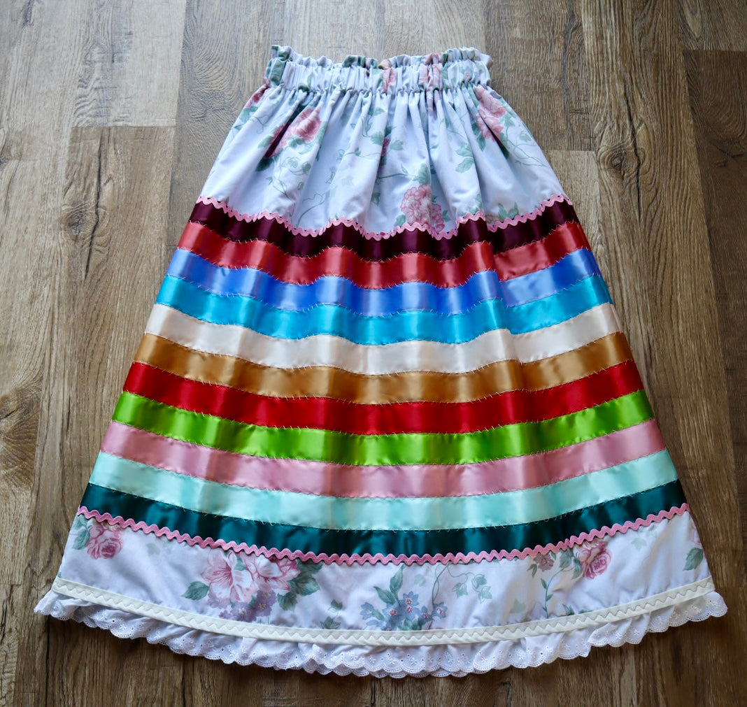 Couture Stacked Ribbon Skirt Pockets Womens Ivory Floral Miscellaneous Ric Rac Cotton Miscellaneous OOAK Indigenous HandMade *up to 50 inches* (enter desired sizes waist size “inches” or Dress/Pants size in order notes)