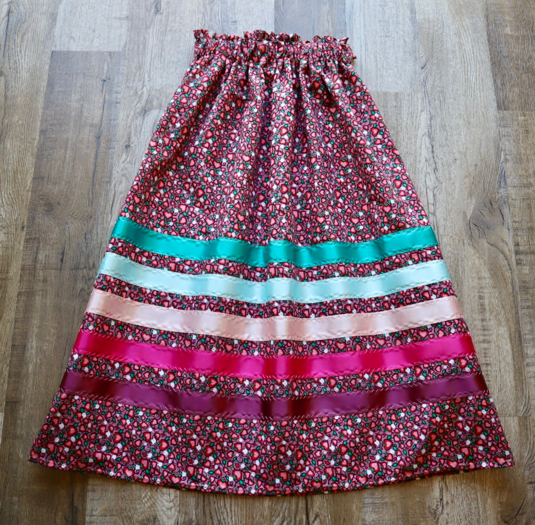 Handmade Ceremony, Casual Ribbon Skirt: Turquoise to Pink Ombre, Heart Berry Indigenous Floral Print, Custom Waist *up to 50 inches* (enter desired sizes waist size “inches” or Dress/Pants size in order notes)