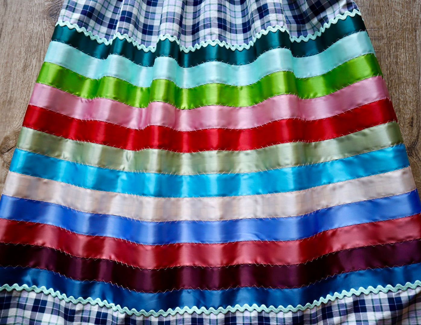 Couture Stacked Ribbon Skirt Pockets Womens Ivory and Blue Plaid Miscellaneous Ric Rac Cotton OOAK Indigenous HandMade *up to 50 inches* (enter desired sizes waist size “inches” or Dress/Pants size in order notes)