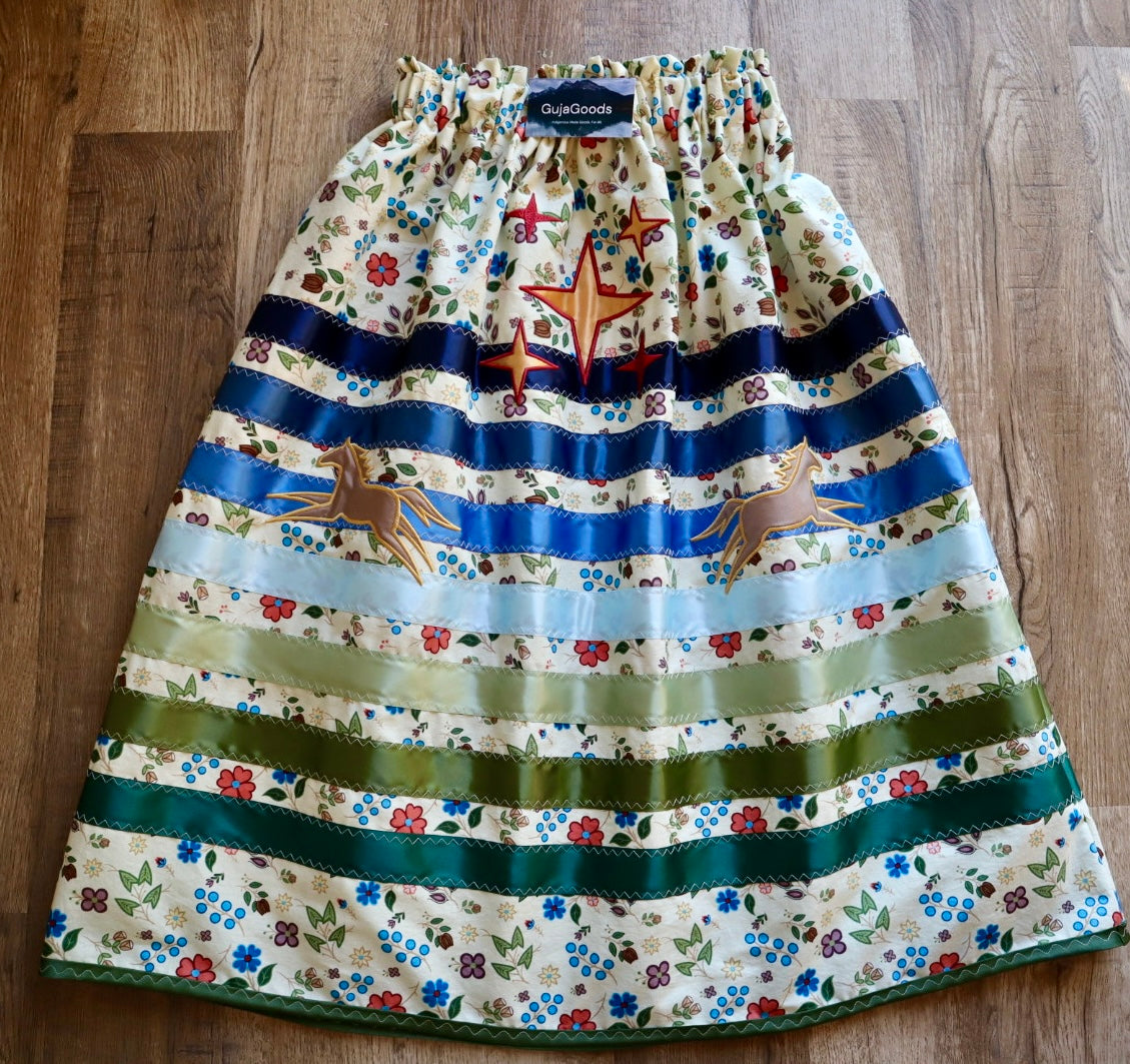 Couture Embroidered Star & Pony Ribbon Skirt Pockets Womens Black Floral Cotton Blue to Green Ombre OOAK Indigenous HandMade *up to 50 inches* (enter desired sizes waist size “inches” or Dress/Pants size in order notes)