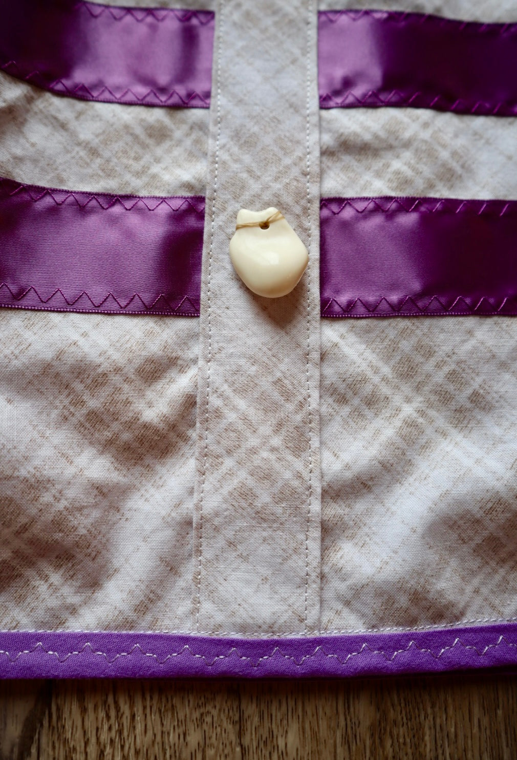 Couture Ribbon Skirt:  Ivory Plaid Cotton with Faux Elk Teeth “Buttons”*up to 50 inches* (enter desired waist size “inches” or Dress/Pants size in order notes)