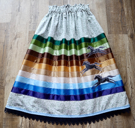 Couture Embroidered Stacked Pony Ribbon Skirt Pockets Womens Ivory Vine Floral Earth Tones Premium Cotton OOAK Indigenous HandMade *up to 50 inches* (enter desired sizes waist size “inches” or Dress/Pants size in order notes)