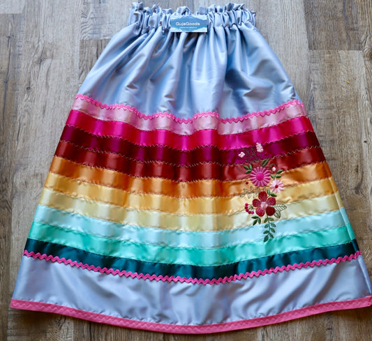 Couture Embroidered Floral Stacked Ribbon Skirt Pockets Womens Baby Blue Satin  Turquoise Pink Ombre OOAK Indigenous HandMade *up to 50 inches* (enter desired sizes waist size “inches” or Dress/Pants size in order notes)