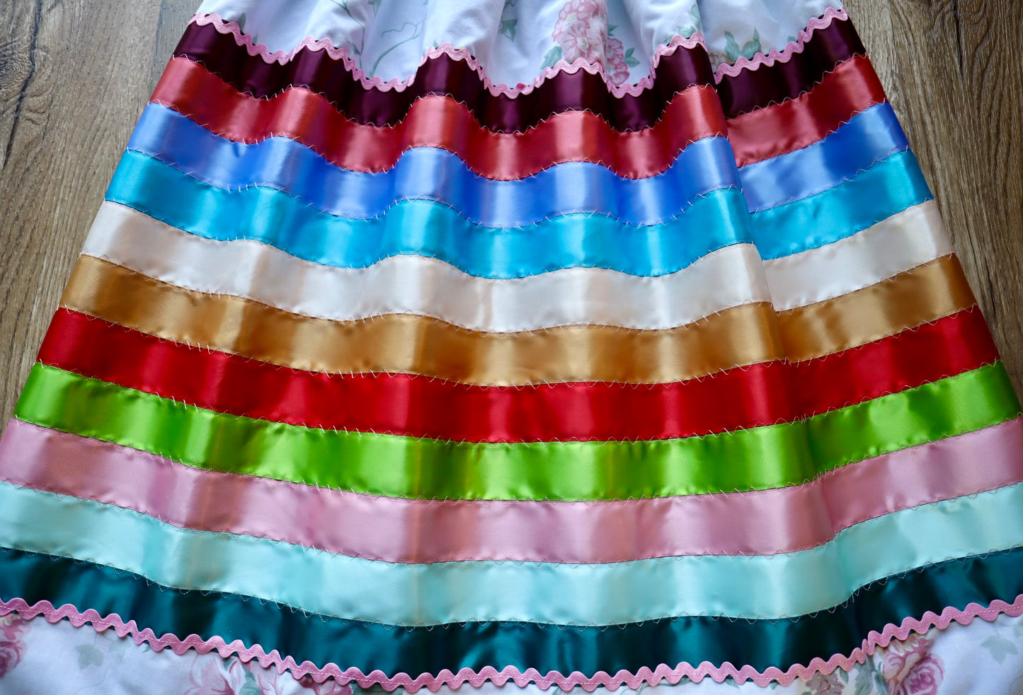 Couture Stacked Ribbon Skirt Pockets Womens Ivory Floral Miscellaneous Ric Rac Cotton Miscellaneous OOAK Indigenous HandMade *up to 50 inches* (enter desired sizes waist size “inches” or Dress/Pants size in order notes)