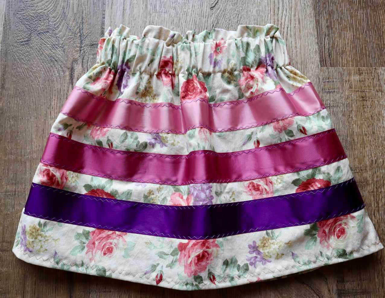 Handmade Infant Toddler Ribbon Skirt, Size 12M-2T Ruby Ombre Ivory Floral Print Premium Cotton, OOAK Indigenous Made Clothing