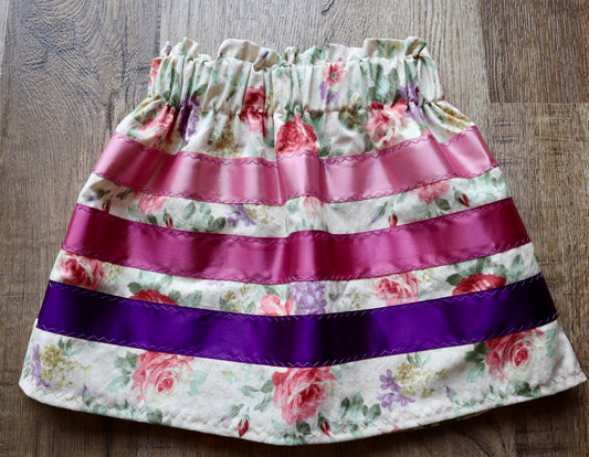 Handmade Infant Toddler Ribbon Skirt, Size 12M-2T Ruby Ombre Ivory Floral Print Premium Cotton, OOAK Indigenous Made Clothing