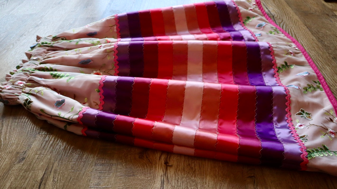 Couture Stacked Ribbon Skirt Pockets Womens Pink and White Lace Purple Pink Ombre RicRac Premium Cotton OOAK Indigenous HandMade *up to 50 inches* (enter desired sizes waist size “inches” or Dress/Pants size in order notes)