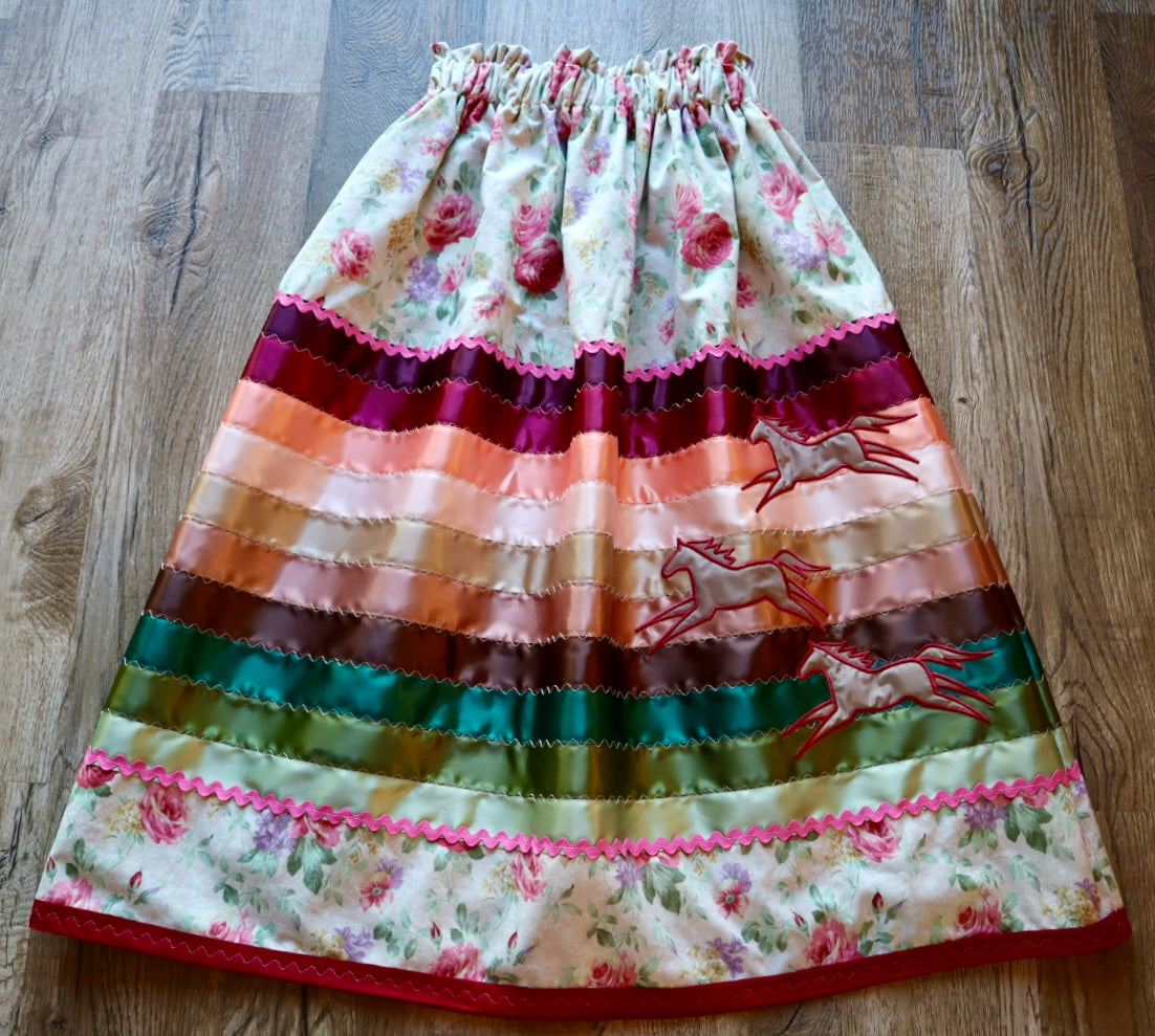 Couture Embroidered Stacked Pony Ribbon Skirt Pockets Womens Cream Floral Cotton Earth Tone Ombre OOAK Indigenous HandMade *up to 50 inches* (enter desired sizes waist size “inches” or Dress/Pants size in order notes)