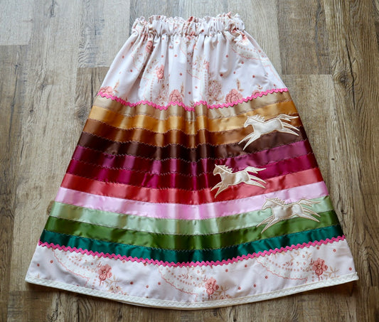 Couture Embroidered Stacked Pony Ribbon Skirt Pockets Womens Ivory Pink Floral Earth Tones Ombre OOAK Indigenous HandMade *up to 50 inches* (enter desired sizes waist size “inches” or Dress/Pants size in order notes)