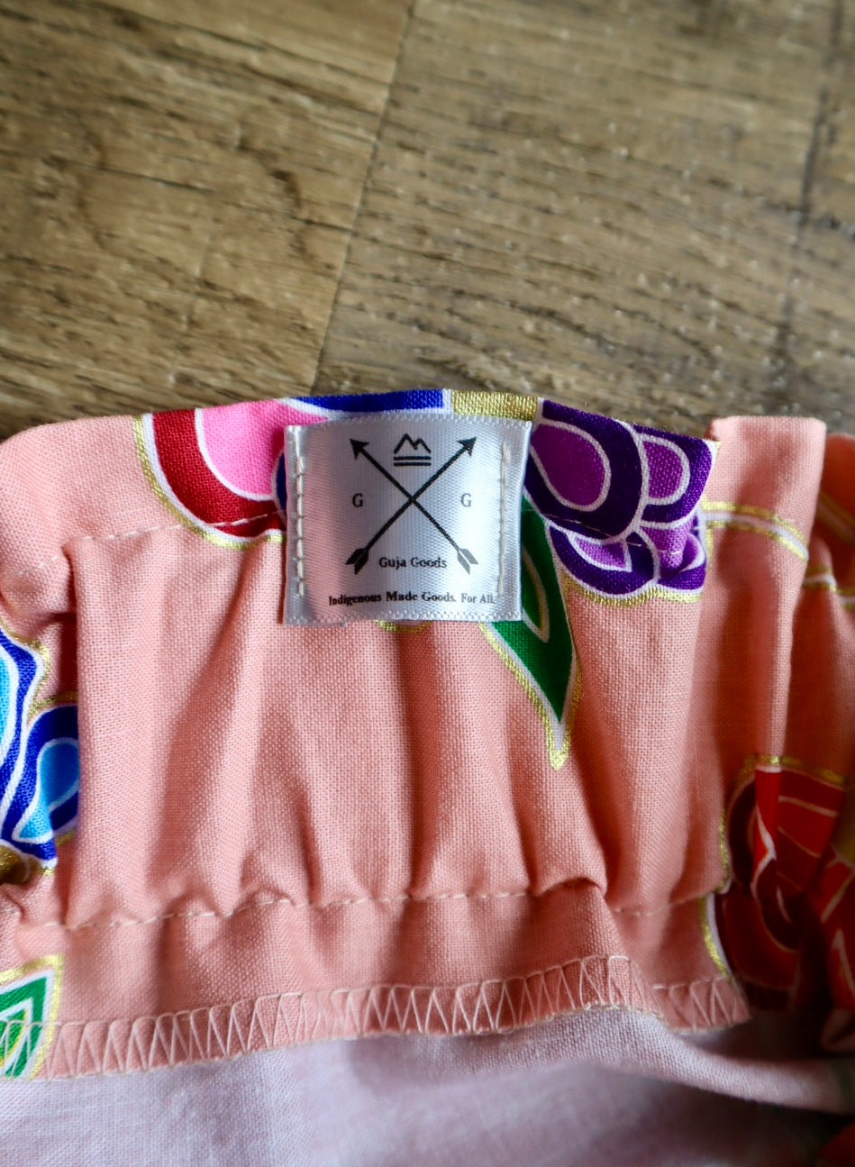 Handmade Ceremony, Casual Ribbon Skirt: Jewel Tones, Pink Indigenous Floral Print, Custom Waist *up to 50 inches* (enter desired sizes waist size “inches” or Dress/Pants size in order notes)