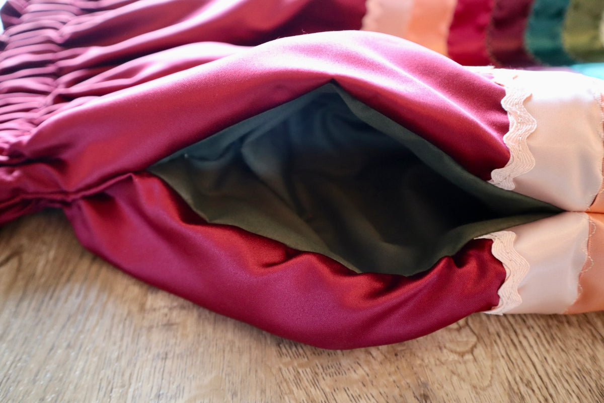 Couture Embroidered Stacked Bison Ribbon Skirt Pockets Womens Maroon Satin Earth Tones Ombre OOAK Indigenous HandMade *up to 50 inches* (enter desired sizes waist size “inches” or Dress/Pants size in order notes)