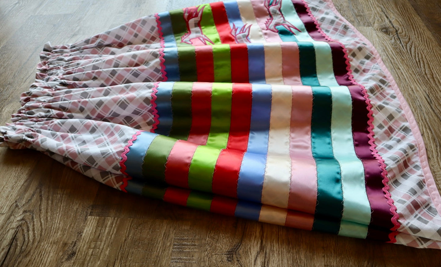 Couture Embroidered Stacked Pony Ribbon Skirt Pockets Womens Pink Plaid Cotton Miscellaneous Ombre OOAK Indigenous HandMade *up to 50 inches* (enter desired sizes waist size “inches” or Dress/Pants size in order notes)