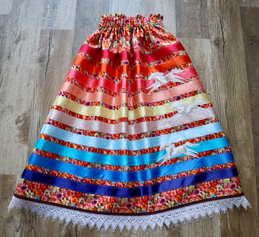 Couture Embroidered Pony Ribbon Skirt Pockets Womens Orange Floral Premium Cotton Fire Water Colours OOAK Indigenous HandMade *up to 50 inches* (enter desired sizes waist size “inches” or Dress/Pants size in order notes)