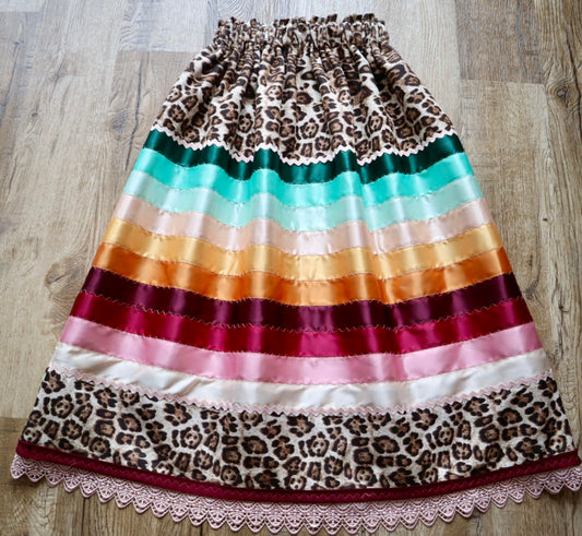 Couture Stacked Ribbon Skirt Pockets Womens Jaguar Print Pink Turquoise Ombre RicRac OOAK Indigenous HandMade *up to 50 inches* (enter desired sizes waist size “inches” or Dress/Pants size in order notes)