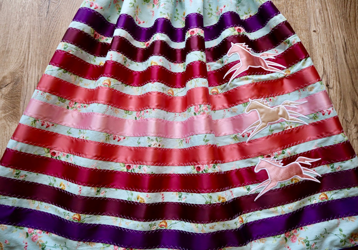 Couture Embroidered Pony Ribbon Skirt Pockets Womens Light Teal Floral Premium Cotton Plum Ombre OOAK Indigenous HandMade *up to 50 inches* (enter desired sizes waist size “inches” or Dress/Pants size in order notes)