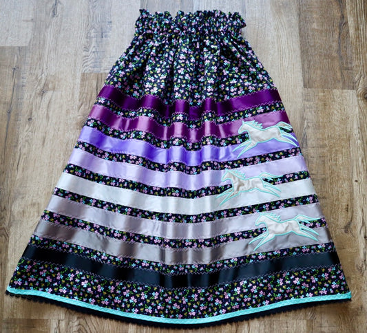 Couture Embroidered Pony Ribbon Skirt Pockets Womens Black Floral Premium Cotton Silver Plum Tones OOAK Indigenous HandMade *up to 50 inches* (enter desired sizes waist size “inches” or Dress/Pants size in order notes)