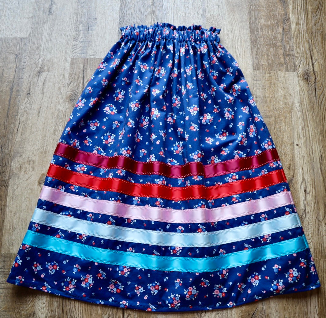 Handmade Ceremony, Casual Ribbon Skirt: Blue to Red Ombre, Blue Floral Print, Custom Waist *up to 50 inches* (enter desired sizes waist size “inches” or Dress/Pants size in order notes)