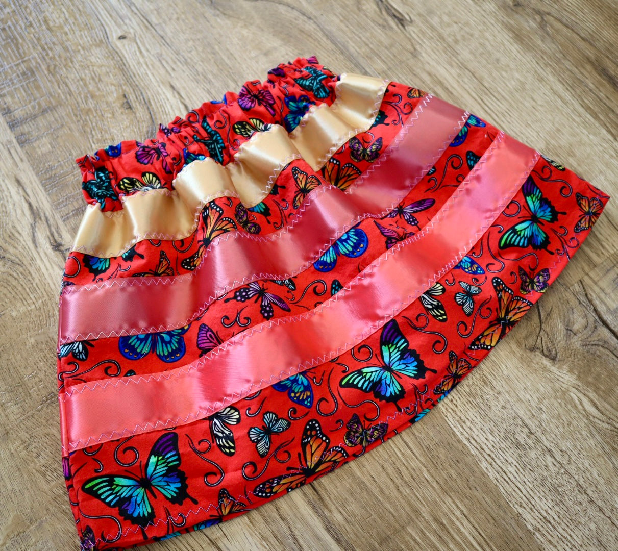 Handmade Toddler Ribbon Skirt, 18M-3T Red Butterfly Print Premium Cotton, OOAK Indigenous Made Clothing