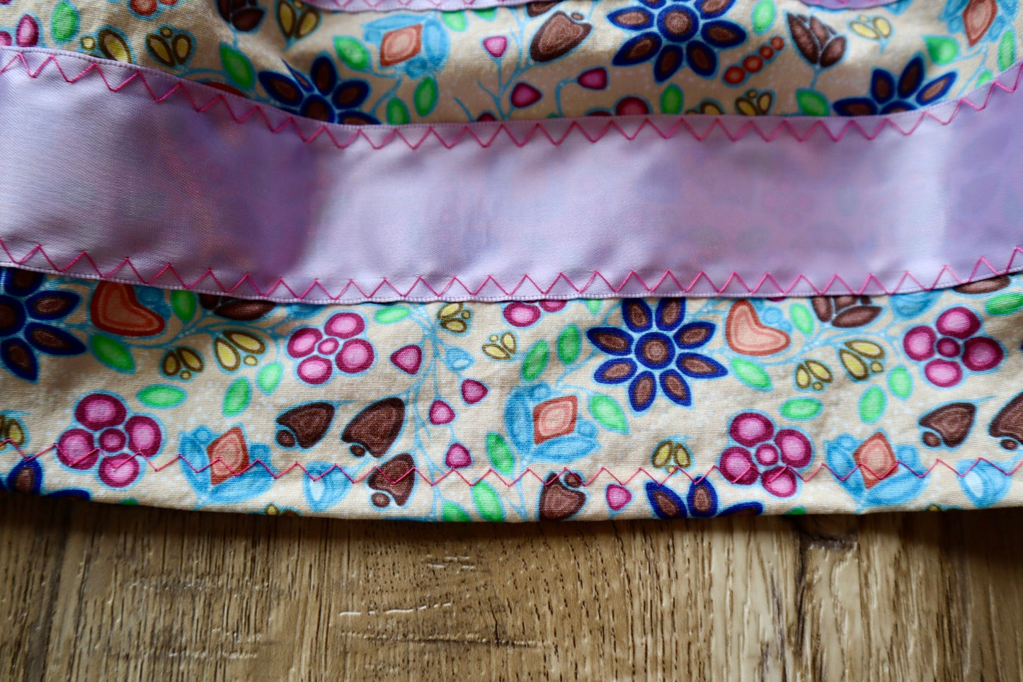 Handmade Infant/Toddler Ribbon Skirt, 6M- 12M Ivory Ojibway Floral Print Premium Cotton, OOAK Indigenous Made Clothing