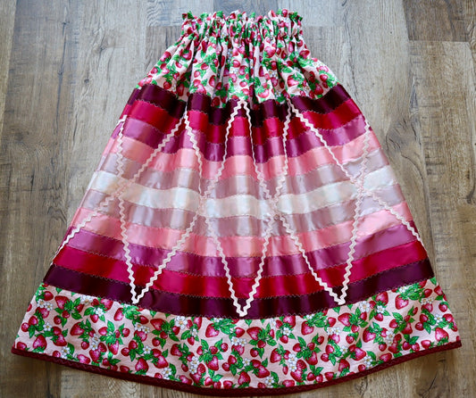 Couture Stacked Ribbon Pocket Womens RicRac Pink Strawberry Floral Print Premium Cotton Maroon Ombre OOAK Indigenous HandMade CustomWaist *up to 50 inches* (enter desired sizes waist size “inches” or Dress/Pants size in order notes)