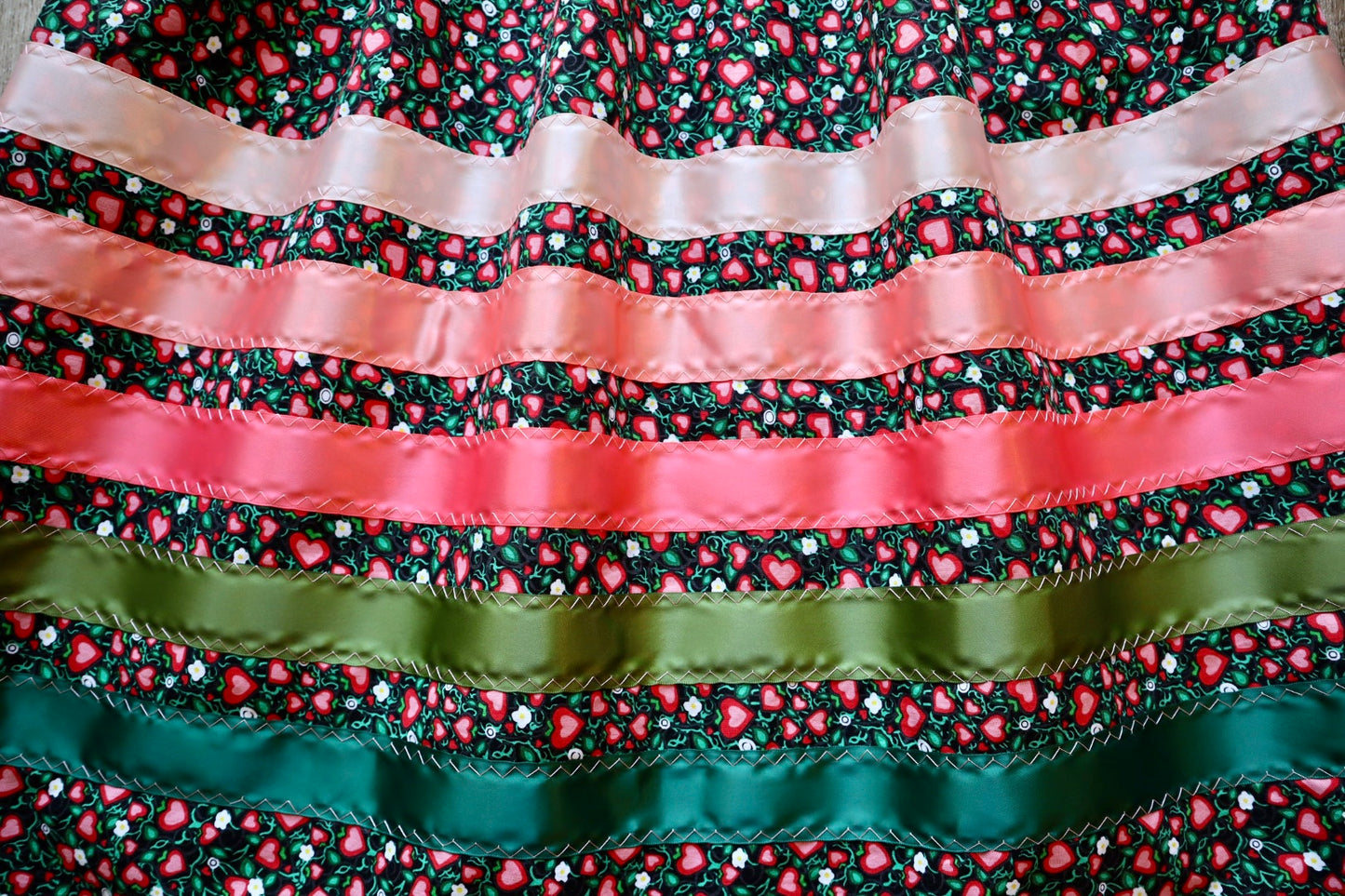 Handmade Ceremony, Casual Ribbon Skirt: Green to Ivory Ombre, Heart Berry Indigenous Floral Print, Custom Waist *up to 50 inches* (enter desired sizes waist size “inches” or Dress/Pants size in order notes)