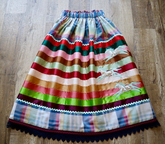 Couture Embroidered Stacked Pony Ribbon Skirt Pockets Womens Plaid Cotton Miscellaneous OOAK Indigenous HandMade *up to 50 inches* (enter desired sizes waist size “inches” or Dress/Pants size in order notes)