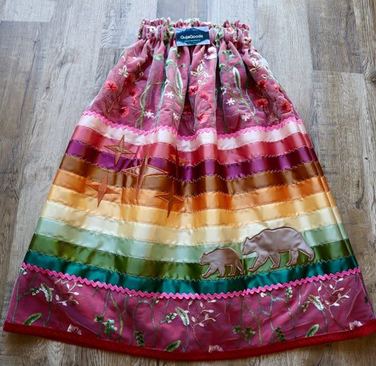 Couture Embroidered Stacked Stars, Mama Bear and Cub Ribbon Skirt Pockets Womens Ivory Lace Earthy Ombre OOAK Indigenous HandMade *up to 50 inches* (enter desired sizes waist size “inches” or Dress/Pants size in order notes)