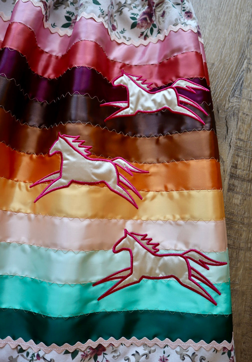 Couture Embroidered Stacked Pony Ribbon Skirt Pockets Womens Floral Cotton Pink Turquoise Ombre OOAK Indigenous HandMade *up to 50 inches* (enter desired sizes waist size “inches” or Dress/Pants size in order notes)