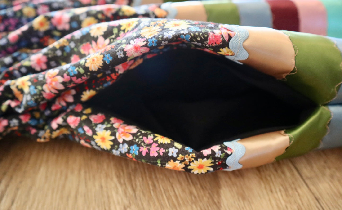Couture Stacked Ribbon Skirt Pockets Womens Black Floral Miscellaneous Ric Rac Premium Cotton Miscellaneous OOAK Indigenous HandMade *up to 50 inches* (enter desired sizes waist size “inches” or Dress/Pants size in order notes)