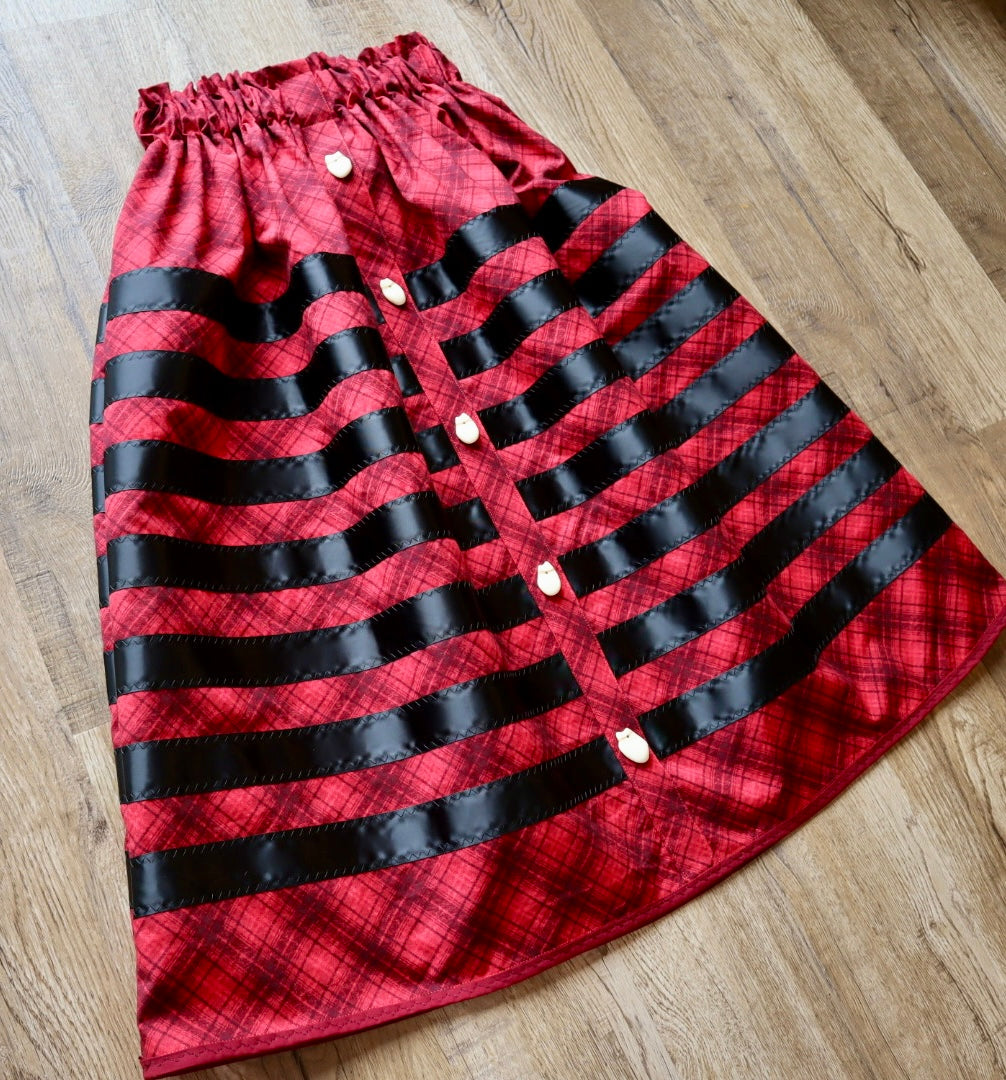 Couture Ribbon Skirt:  Red and Black Plaid Cotton with Faux Elk Teeth “Buttons”*up to 50 inches* (enter desired waist size “inches” or Dress/Pants size in order notes)