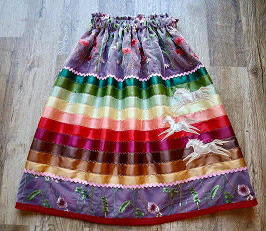 Couture Embroidered Stacked Pony Ribbon Skirt Pockets Womens Maroon Ivory Floral Lace Overlay Earth Tones Ombre OOAK Indigenous HandMade *up to 50 inches* (enter desired sizes waist size “inches” or Dress/Pants size in order notes)