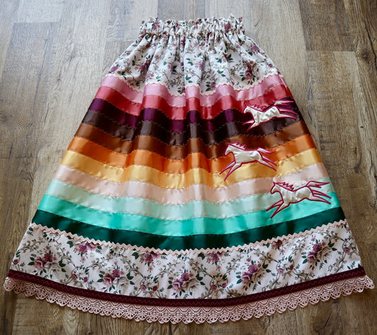 Couture Embroidered Stacked Pony Ribbon Skirt Pockets Womens Floral Cotton Pink Turquoise Ombre OOAK Indigenous HandMade *up to 50 inches* (enter desired sizes waist size “inches” or Dress/Pants size in order notes)