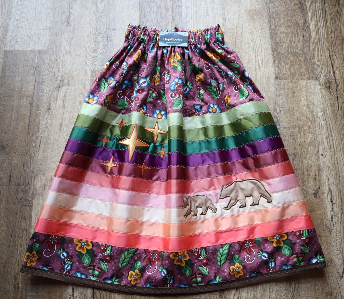 Couture Embroidered Star & Bear Stacked Ribbon Skirt Pockets Womens Dusty Rose Floral Cotton  Earth Tones Ombre OOAK Indigenous HandMade *up to 50-53 inches* (enter desired sizes waist size “inches” or Dress/Pants size in order notes)