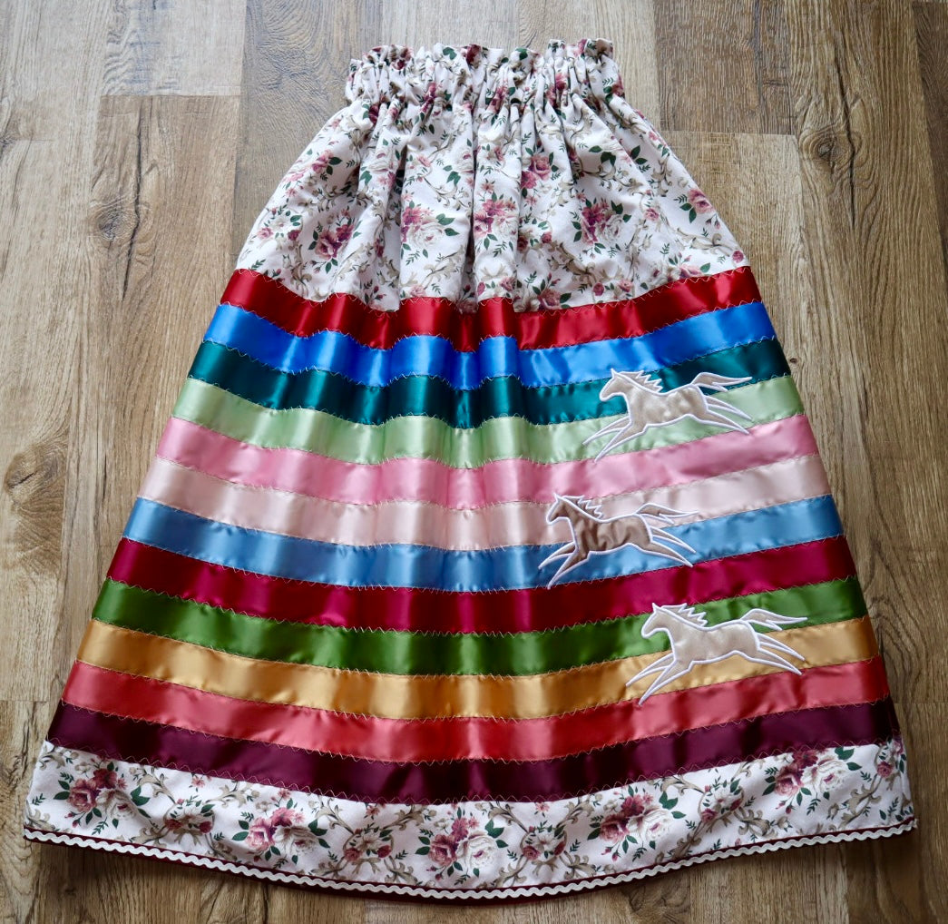 Couture Embroidered Stacked Pony Ribbon Skirt Pockets Womens Floral Premium Cotton Miscellaneous OOAK Indigenous HandMade *up to 50 inches* (enter desired sizes waist size “inches” or Dress/Pants size in order notes)