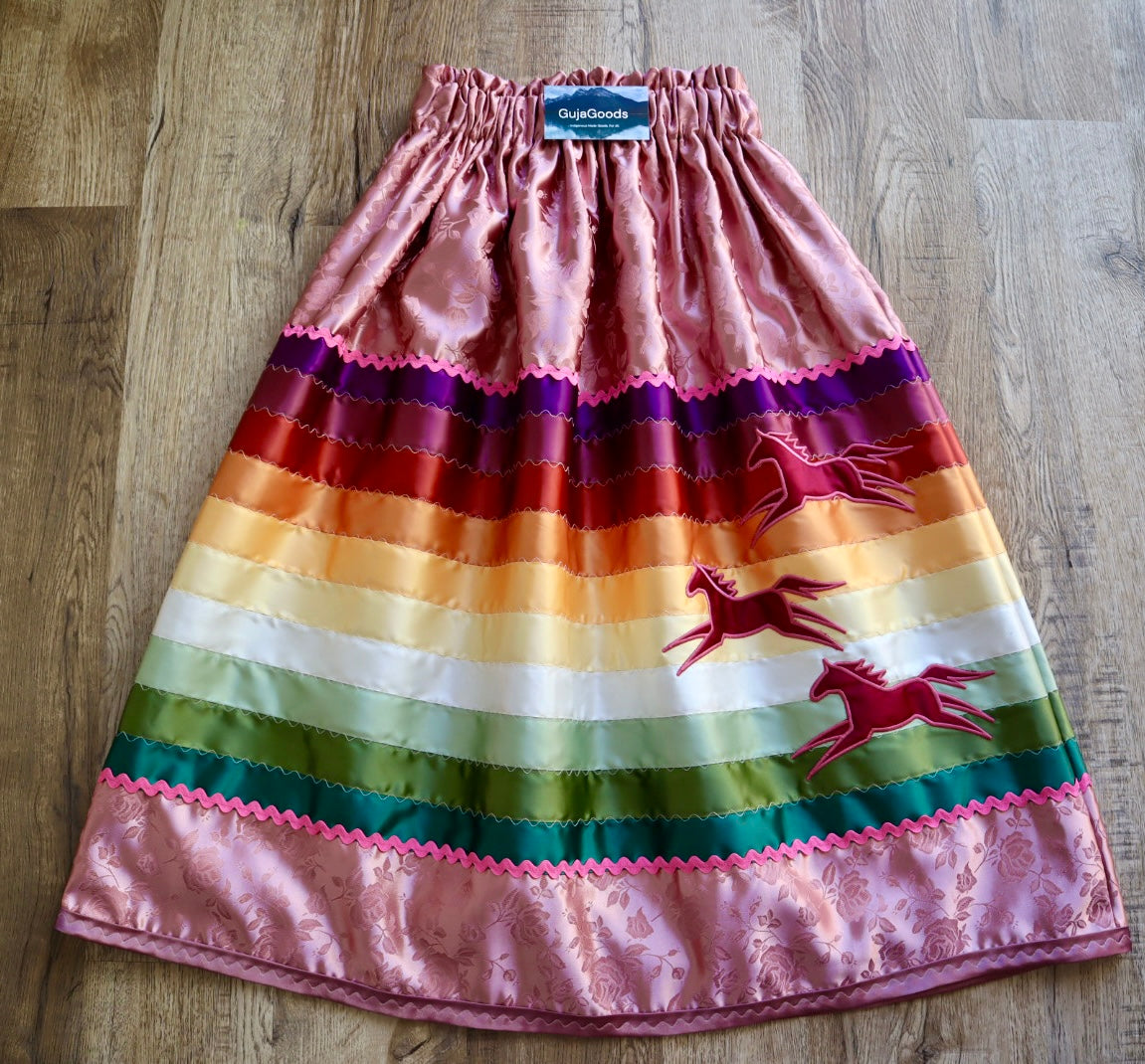 Couture Embroidered Stacked Pony Ribbon Skirt Pockets Womens Blush Pink Satin Earth Tones Ombre OOAK Indigenous HandMade *up to 50 inches* (enter desired sizes waist size “inches” or Dress/Pants size in order notes)