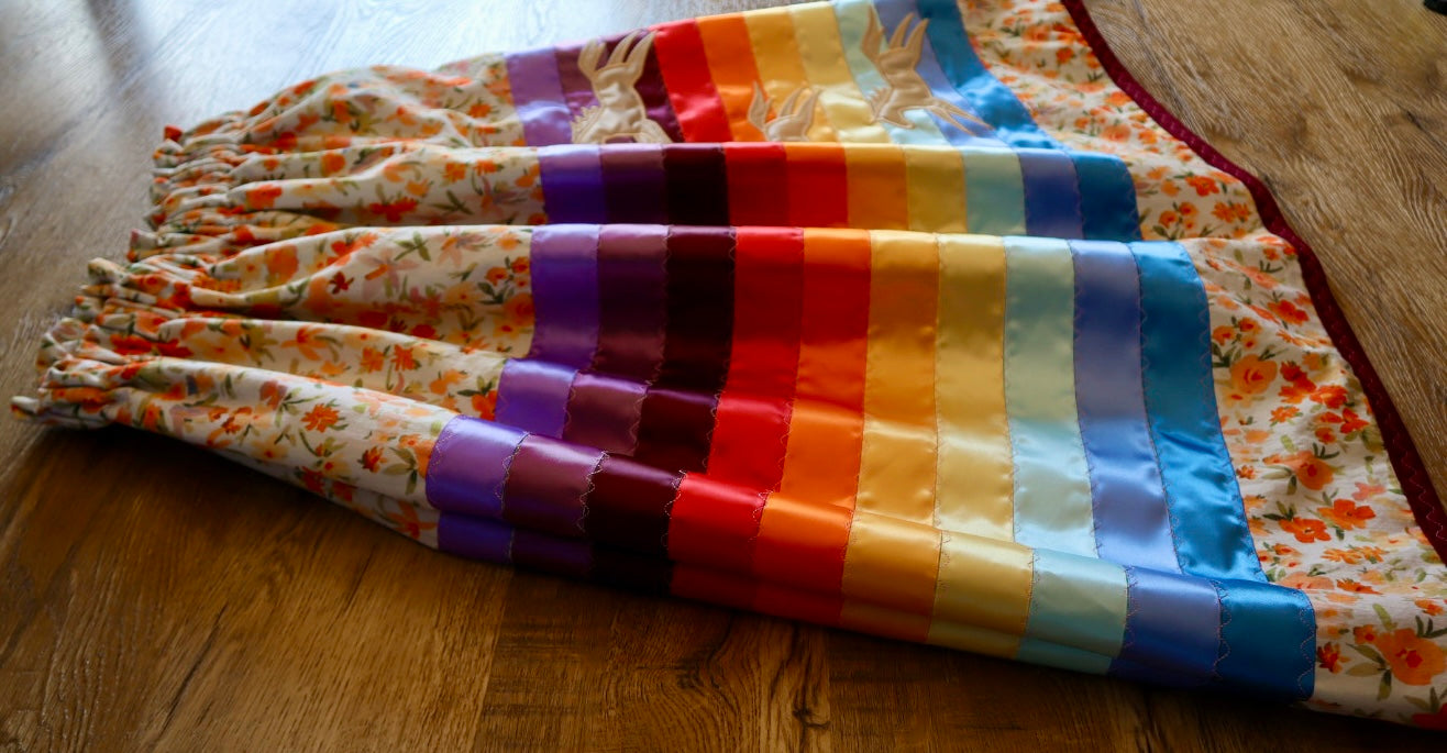 Couture Embroidered Stacked Pony Ribbon Skirt Pockets Womens Floral Cotton Rainbow Ombre OOAK Indigenous HandMade *up to 50 inches* (enter desired sizes waist size “inches” or Dress/Pants size in order notes)