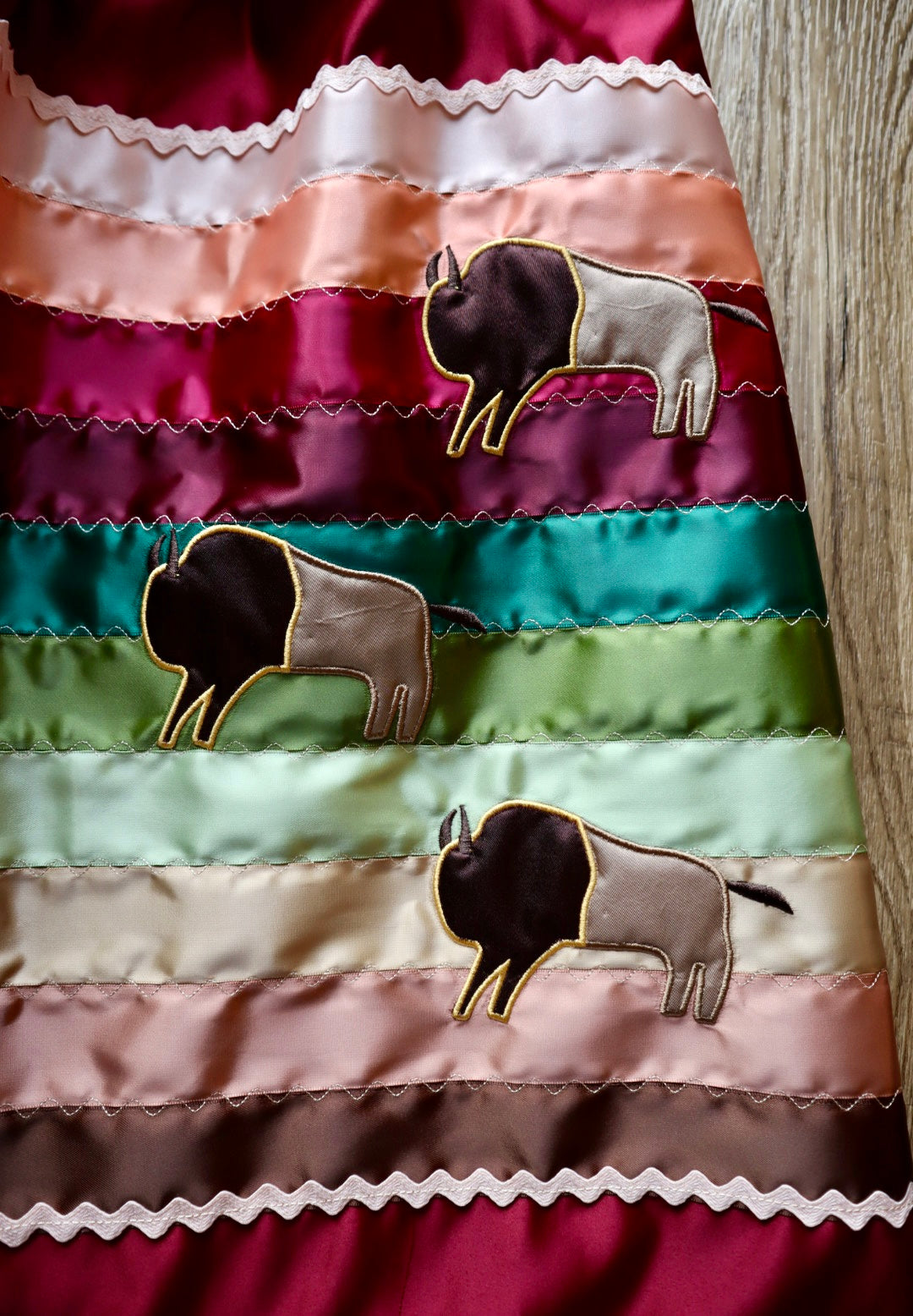 Couture Embroidered Stacked Bison Ribbon Skirt Pockets Womens Maroon Satin Earth Tones Ombre OOAK Indigenous HandMade *up to 50 inches* (enter desired sizes waist size “inches” or Dress/Pants size in order notes)
