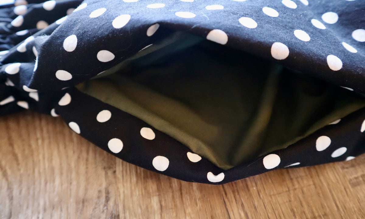 Couture Stacked Ribbon Skirt:  Black Polka Dot Cotton with Ric Rac *up to 50 inches* (enter desired sizes waist size “inches” or Dress/Pants size in order notes)
