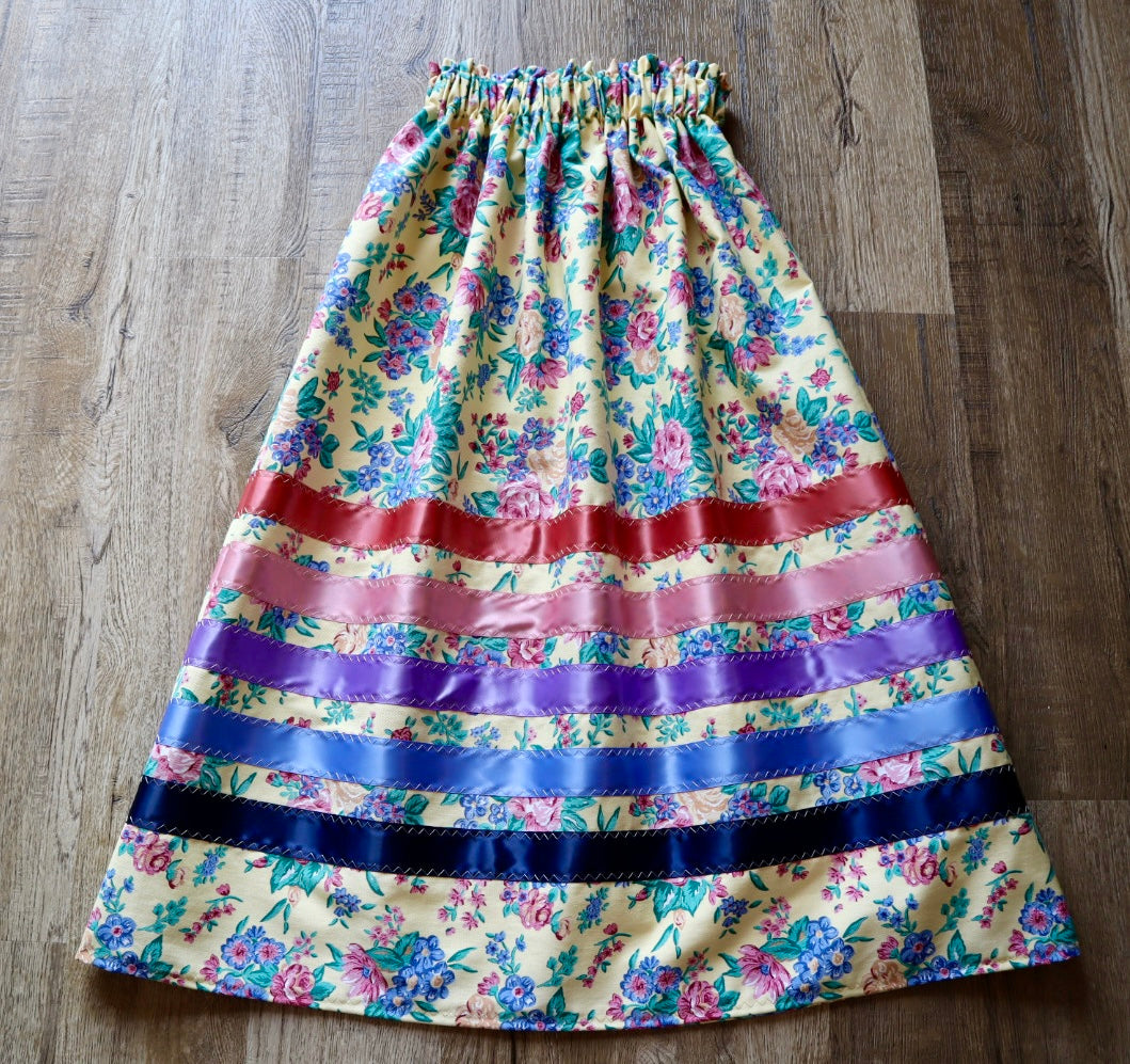 Handmade Ceremony, Casual Ribbon Skirt: Blue Purple Tones, Yellow Floral Print, Custom Waist *up to 50 inches* (enter desired sizes waist size “inches” or Dress/Pants size in order notes)